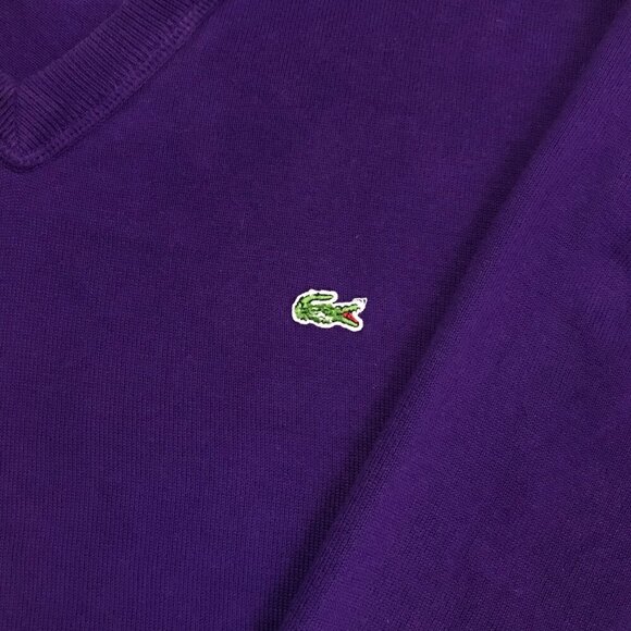 LACOSTE Men 6 - XL Cotton PURPLE V-Neck Logo Sweater - Picture 3 of 5